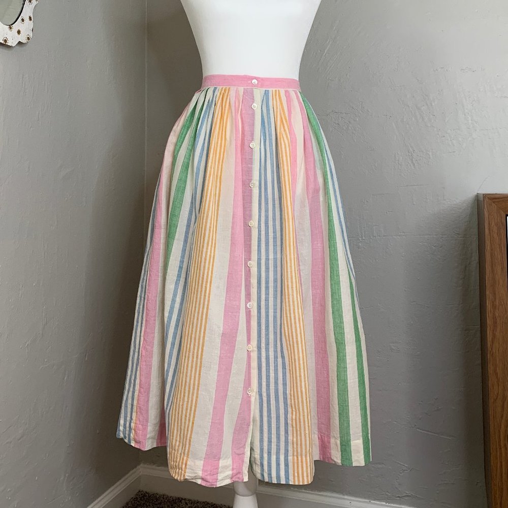 Ralph Lauren Vintage Rainbow Colorful Stripe A Line Midi Button Up Skirt Preppy - Picture 8 of 8